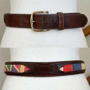 Vintage Brown‎ Leather Statement Belt Colorful Woven Boho Detail Southwestern